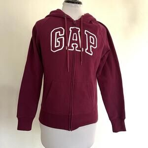 GAP Logo Fleece Zip Up Hoodie Maroon Burgundy Wine Small Spellout Hooded Jacket